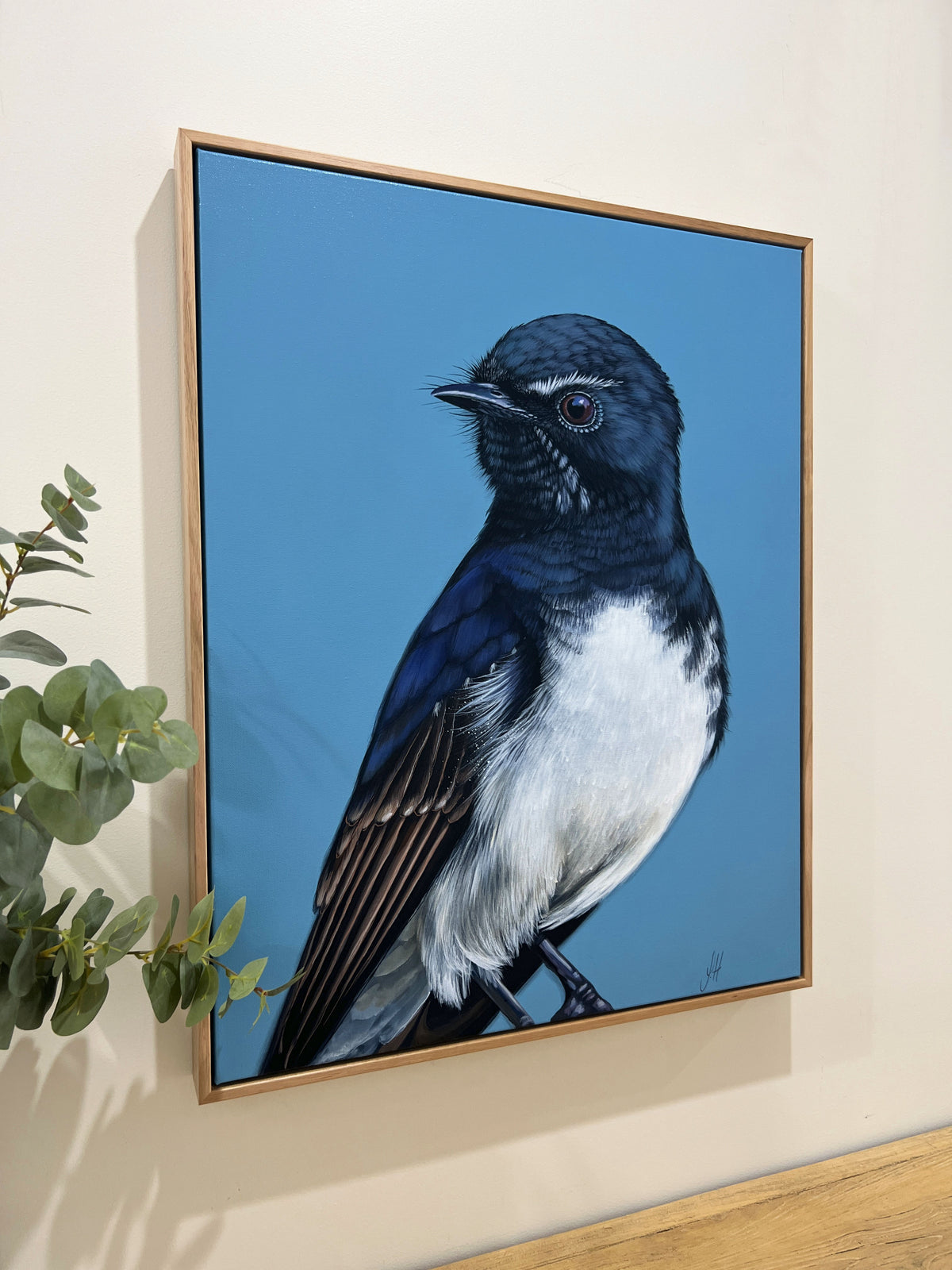 &#39;William&#39; the Willie Wagtail original artwork framed in Tasmanian Oak